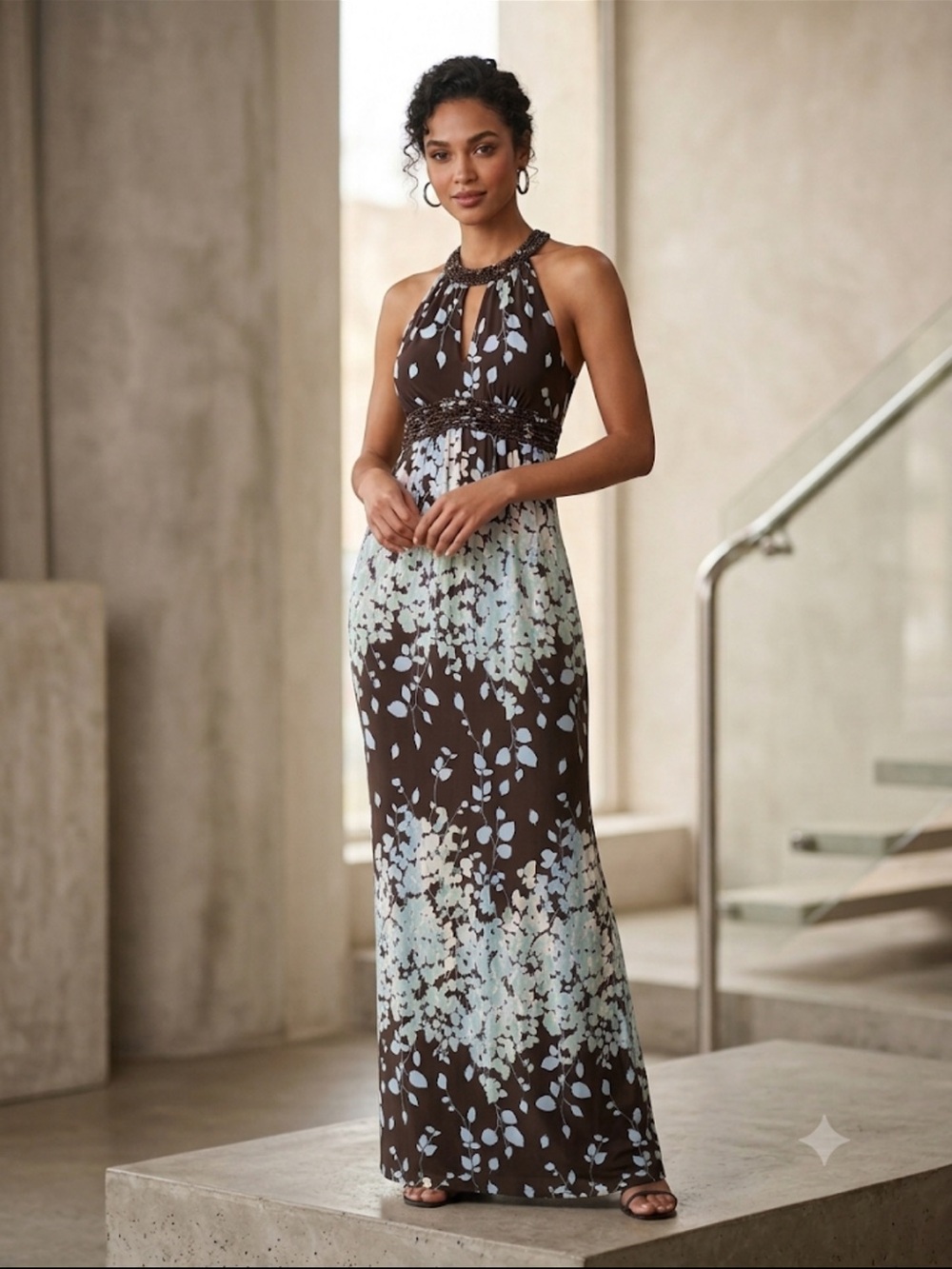 Arden B Silk Halter Floral Maxi Dress in Brown and Mint size 10